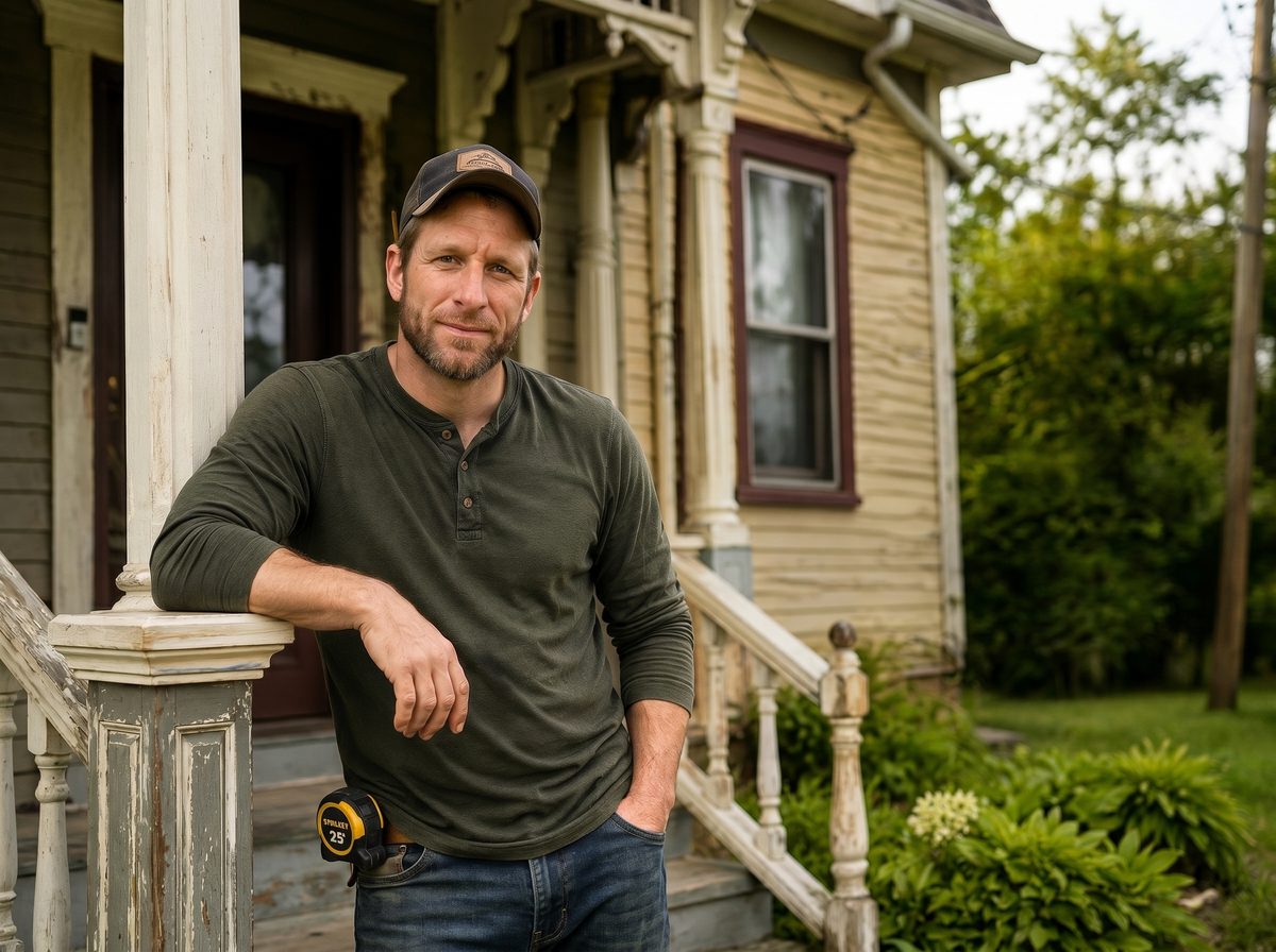 Mark, fourth-generation builder and Army veteran, in front of an older Victorian home in Crawford County, PA
