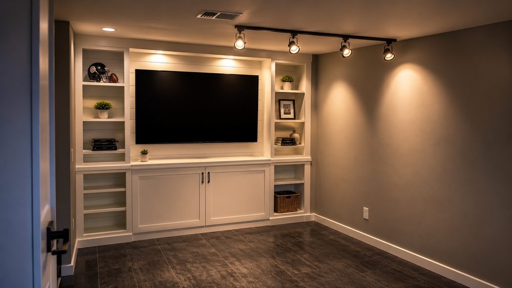 Finished basement with built-in white shelving, entertainment wall, and tile flooring