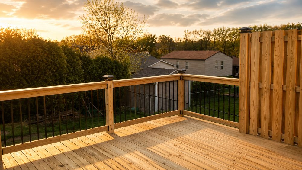 New wood deck with black metal baluster railing and a cedar privacy fence section