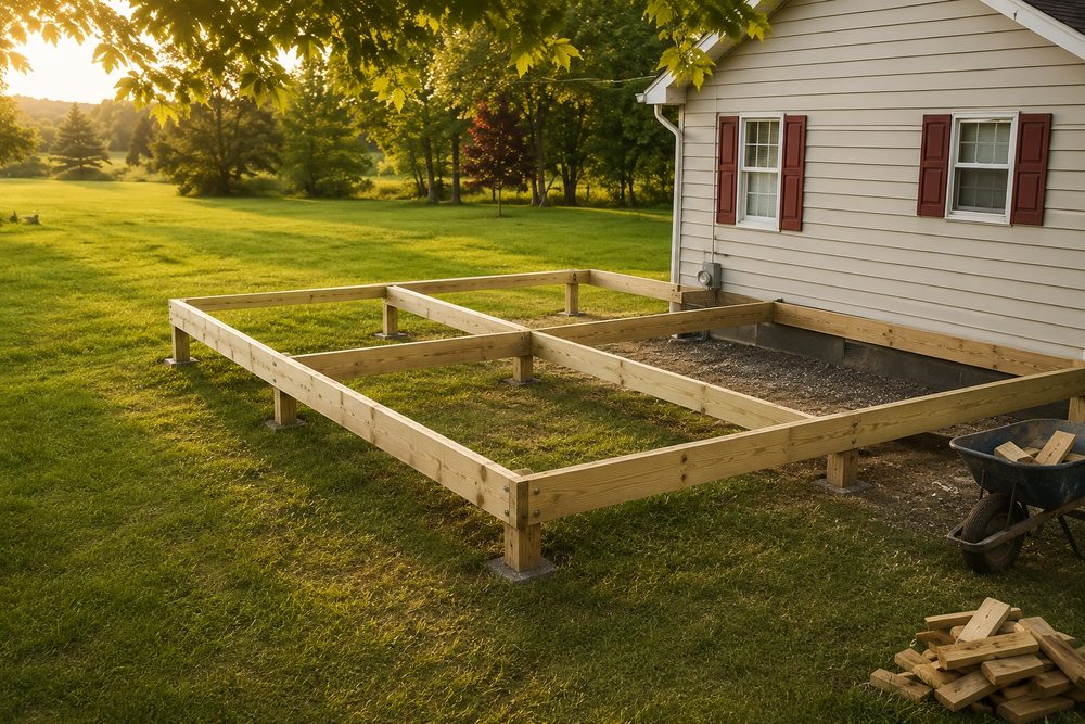 Deck substructure framed on concrete pier footings behind a house