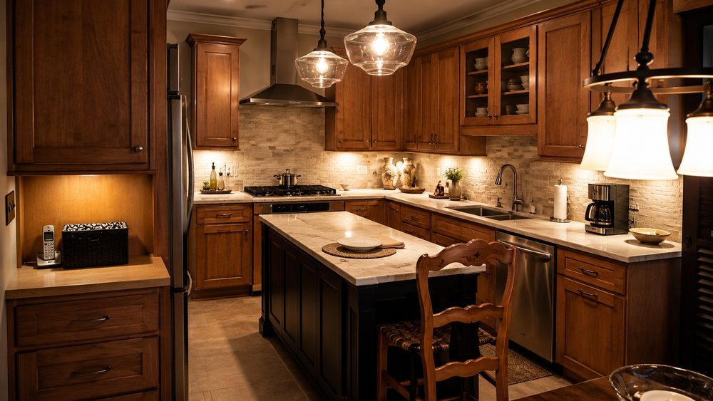 Remodeled kitchen with wood cabinetry, stone tile backsplash, and a center island