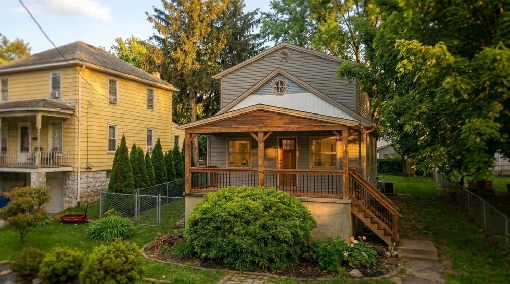 Restored two-story home with a rebuilt covered front porch and round gable window