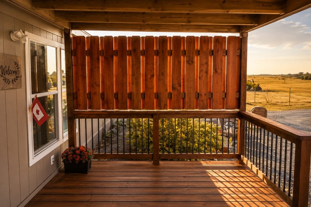 Covered porch with a cedar privacy screen wall and black metal railing