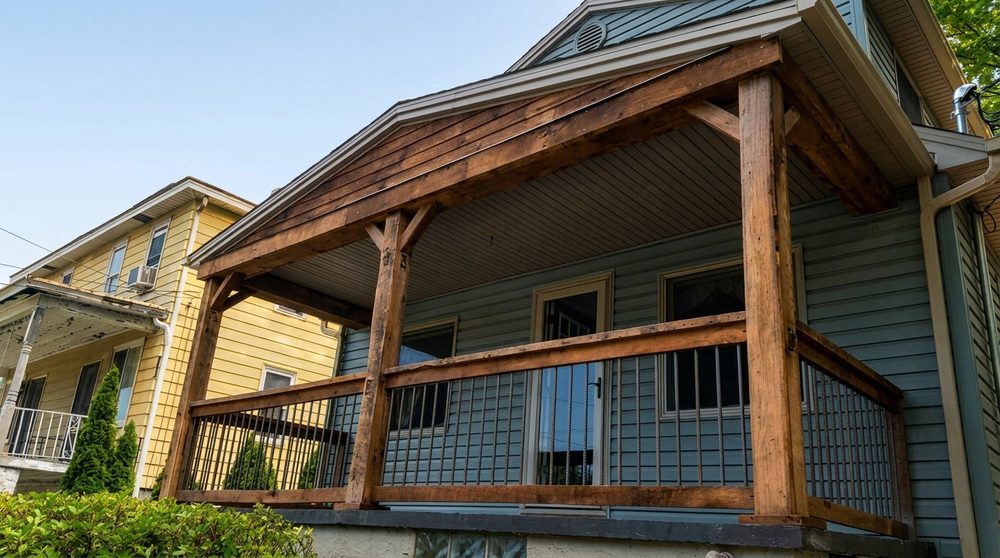Covered front porch with cedar timber posts, tongue-and-groove wood ceiling, and dark metal-and-wood railing