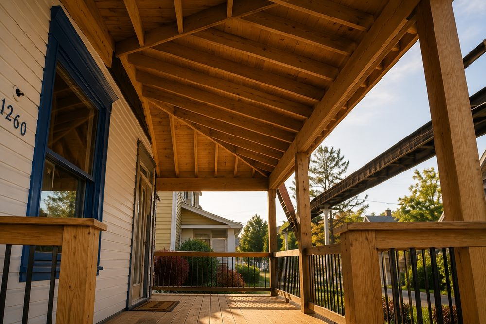Exposed cedar porch roof framing and rafters during construction